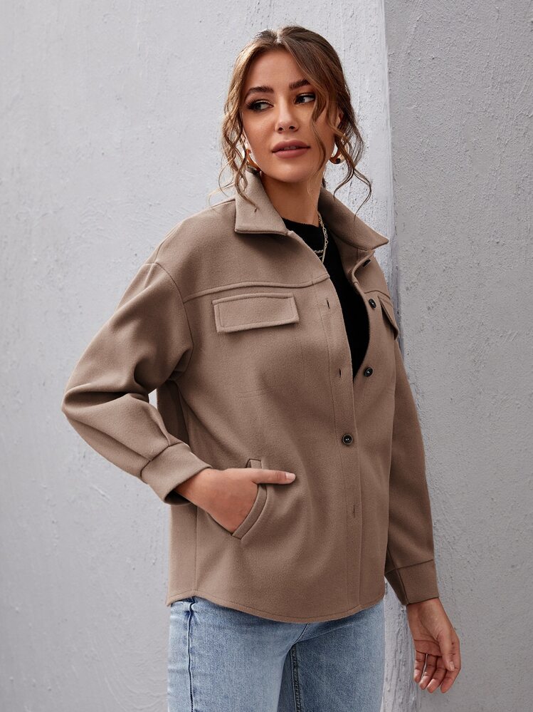 SHEIN Essnce Drop Shoulder Buttoned Overcoat - Mocha Brown - View 5