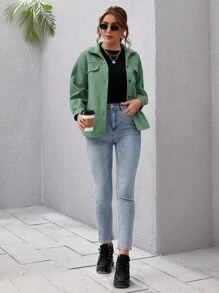 SHEIN Essnce Drop Shoulder Buttoned Overcoat - Green - View 3