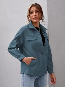 SHEIN Essnce Drop Shoulder Buttoned Overcoat - Dusty Blue - View 3