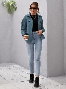 SHEIN Essnce Drop Shoulder Buttoned Overcoat - Dusty Blue - View 4