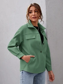 SHEIN Essnce Drop Shoulder Buttoned Overcoat - Green - View 5