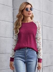 SHEIN LUNE Áo thun cắt Khối Màu Giải trí - Màu đỏ tím - Xem 1