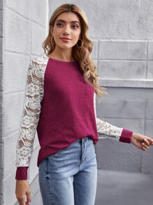 SHEIN LUNE Áo thun cắt Khối Màu Giải trí - Màu đỏ tím - Xem 5
