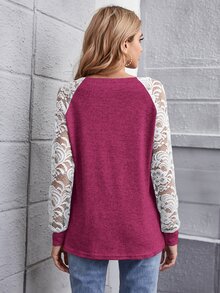 SHEIN LUNE 透明蕾絲插肩袖拼色T恤 - 玫紅色 - 查看 2
