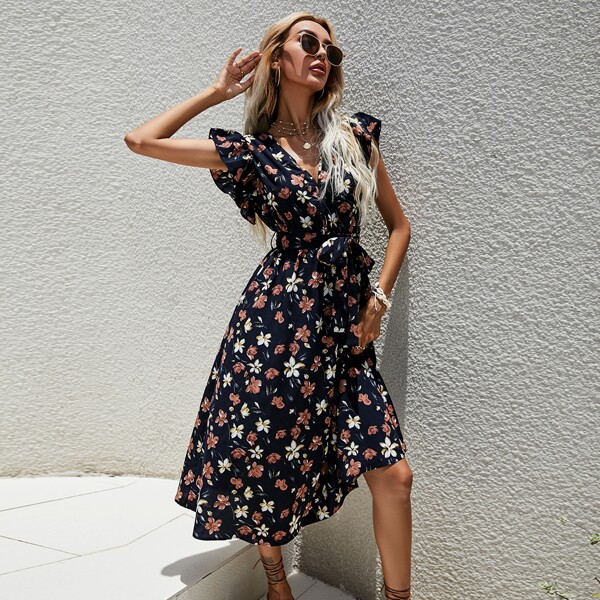 

Ruffle Trim Belted Floral Print Dress, Multicolor