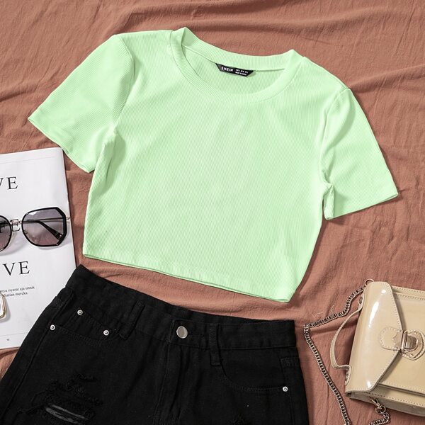 

Solid Rib-knit Crew Neck Crop Tee, Lime green