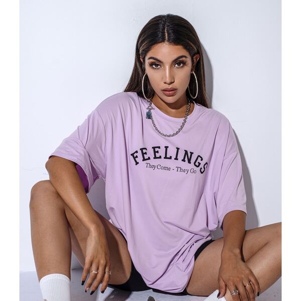 

Letter Graphic Drop Shoulder Longline Tee, Lilac purple