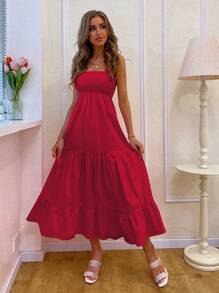 GENKIRA 打褶上身荷葉邊下擺吊帶洋裝 - 紅色 - 查看 1