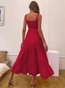 GENKIRA 打褶上身荷葉邊下擺吊帶洋裝 - 紅色 - 查看 2