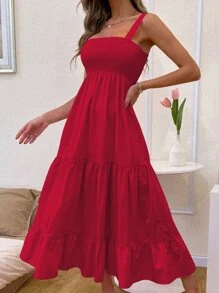 GENKIRA 打褶上身荷葉邊下擺吊帶洋裝 - 紅色 - 查看 3