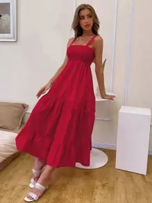 GENKIRA 打褶上身荷葉邊下擺吊帶洋裝 - 紅色 - 查看 4