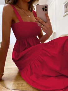 GENKIRA 打褶上身荷葉邊下擺吊帶洋裝 - 紅色 - 查看 5