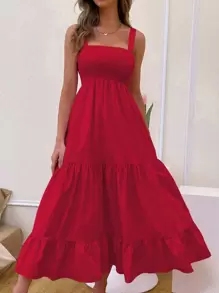 GENKIRA 打褶上身荷葉邊下擺吊帶洋裝 - 紅色 - 查看 6