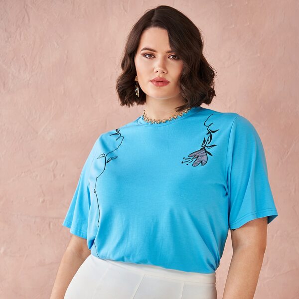 

Plus Rhinestone Detail Floral Print Tee, Mint blue