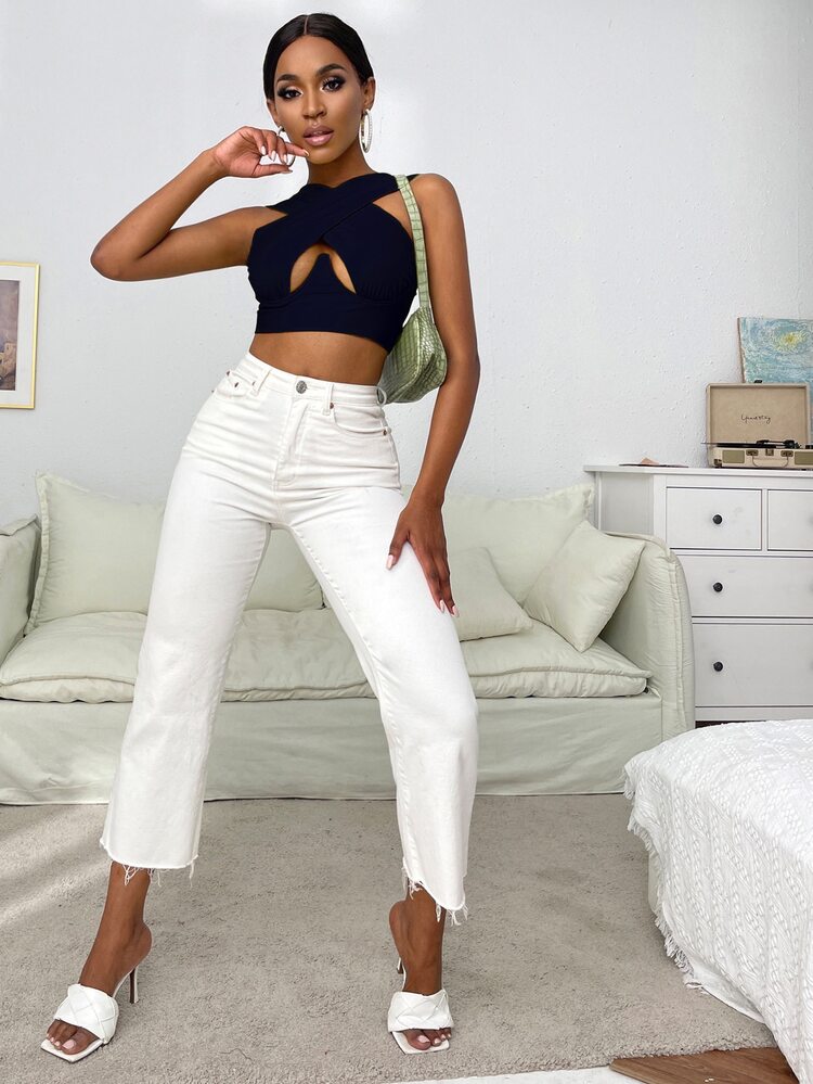 SHEIN SXY Cross Wrap Crop Tank Top - Navy Blue - View 6