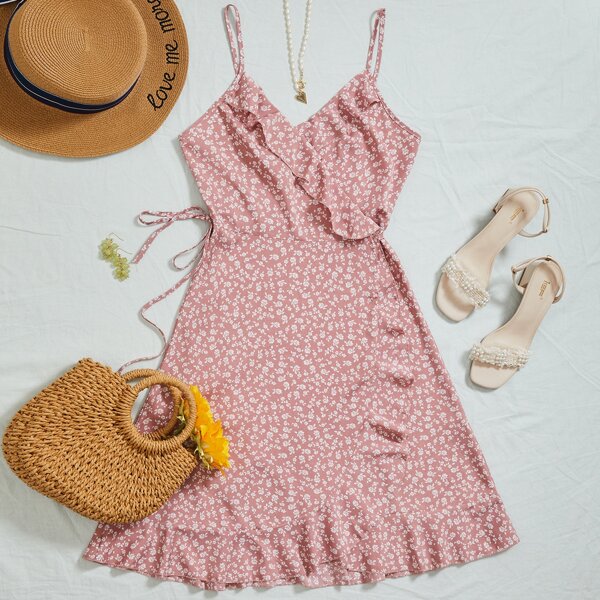 

Ruffle Surplice Neck Ditsy Floral Cami Dress, Dusty pink