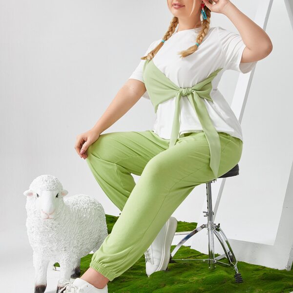 

Plus Colorblock Tie Front Top & Pants Set, Multicolor