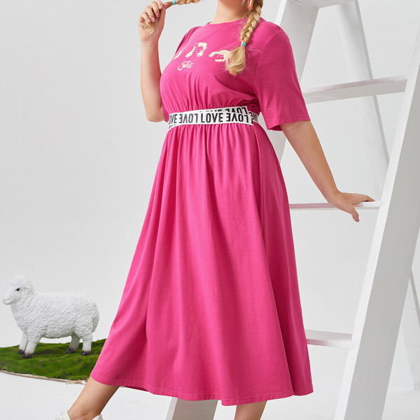 

Plus Figure Graphic Contrast Letter Tape Waist Dress, Pink
