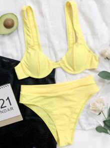 Underwire High Waisted Bikini Set, For Summer Beach Vacation - Yellow - View 1