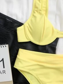 Underwire High Waisted Bikini Set, For Summer Beach Vacation - Yellow - View 4