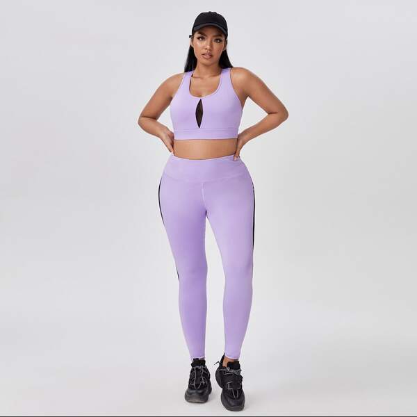 

Plus Contrast Panel Sports Bra & Leggings, Lilac purple