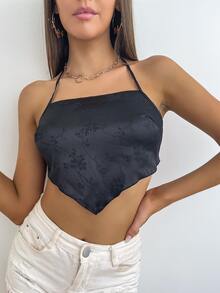 SHEIN Unity Jacquard Satin Halter Top - Black - View 5