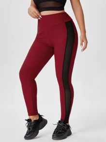 大碼拼接網紗紋理質感運動打底褲 - 酒紅色 - 查看 1