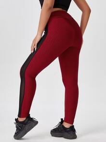 大碼拼接網紗紋理質感運動打底褲 - 酒紅色 - 查看 2