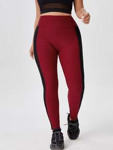 大碼拼接網紗紋理質感運動打底褲 - 酒紅色 - 查看 3