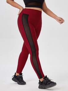 大碼拼接網紗紋理質感運動打底褲 - 酒紅色 - 查看 4