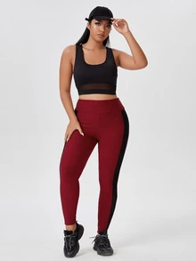 大碼拼接網紗紋理質感運動打底褲 - 酒紅色 - 查看 5