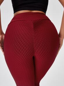 大碼拼接網紗紋理質感運動打底褲 - 酒紅色 - 查看 6