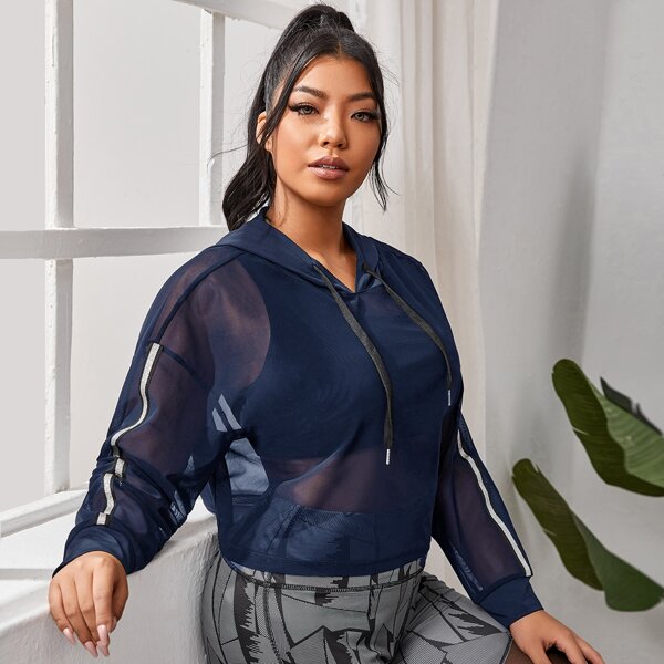 

Plus Sheer Mesh Hooded Sports Sweatshirt, Navy blue