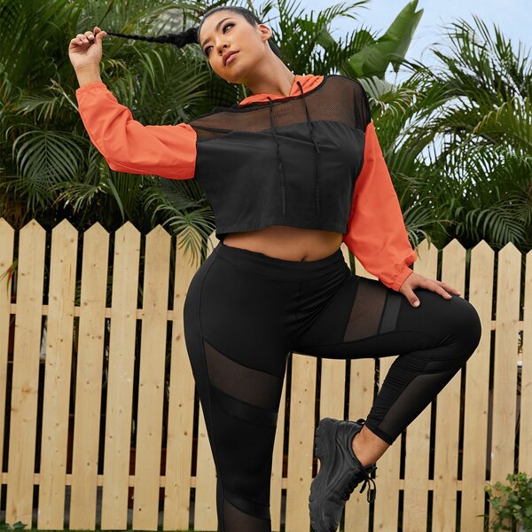 

Plus Fishnet Panel Drawstring Sports Hoodie, Black