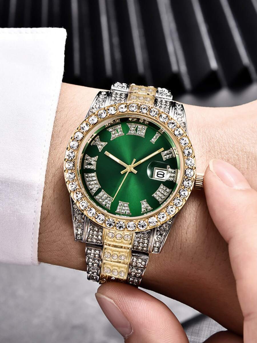 1 Đồng hồ thạch anh mặt số La Mã tối giản dành cho nam, dây đeo bằng thép đính kim cương, thích hợp đeo hàng ngày, sinh nhật, làm quà tặng cho nam giới, kỷ niệm, khuyến mãi cuối năm, ngày độc thân, khuyến mãi Halloween, không có hộp quà tặng - Vàng - Xem 1