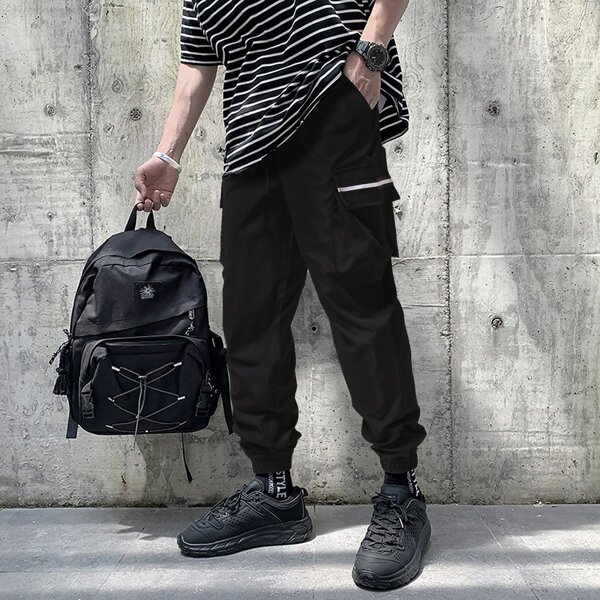 

Men Striped Tape Cargo Pants, Black