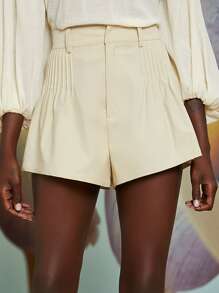Penelope Ping Zipper Fly Fold Pleated Shorts - Beige - View 1