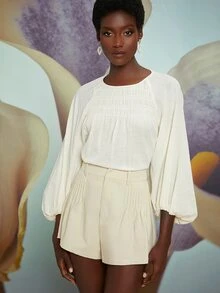 Penelope Ping Zipper Fly Fold Pleated Shorts - Beige - View 4