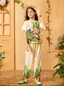 SHEIN Girls Tropical Print Tee & Pants Set With Dress