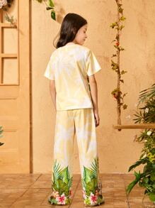 SHEIN Girls Tropical Print Tee & Pants Set With Dress