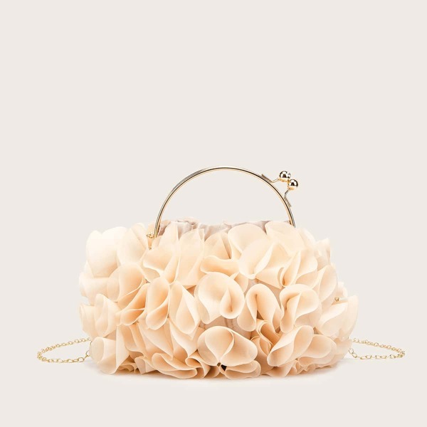 

Floral Appliques Kiss Lock Clutch Bag, Apricot