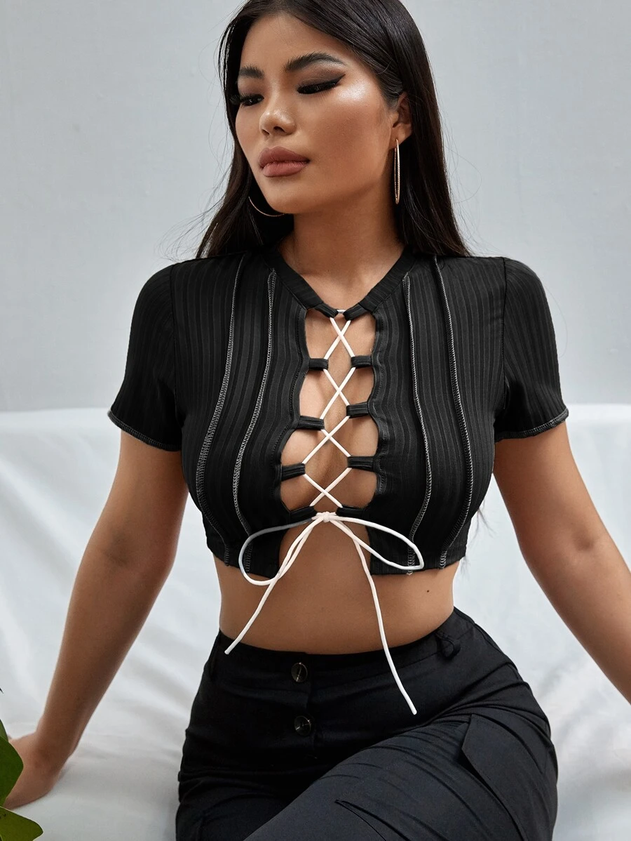 SHEIN SXY Áo nữ Hội Chữ thập màu trơn Gợi cảm - màu đen - Xem 1
