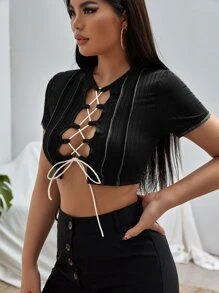 SHEIN SXY Áo nữ Hội Chữ thập màu trơn Gợi cảm - màu đen - Xem 4