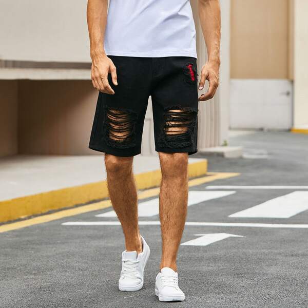 

Men Ripped Pocket Denim Shorts, Black