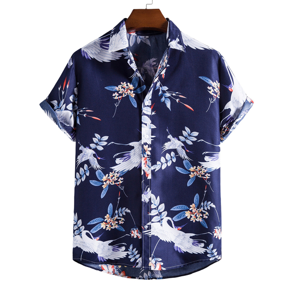 

Men Crane Bird Floral Print Button Through Shirt, Navy blue