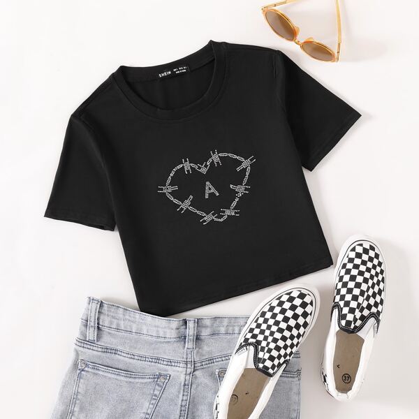 

Rhinestone Letter and Heart Pattern Tee, Black