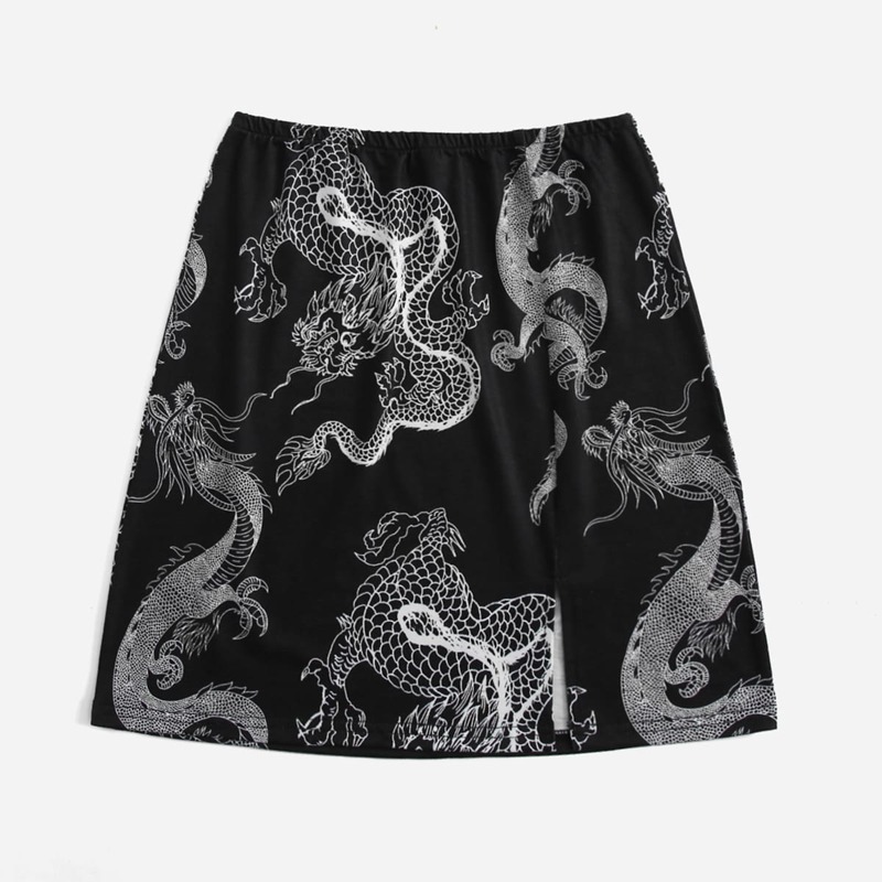 

Chinese Dragon Graphic Split Skirt, Black and white