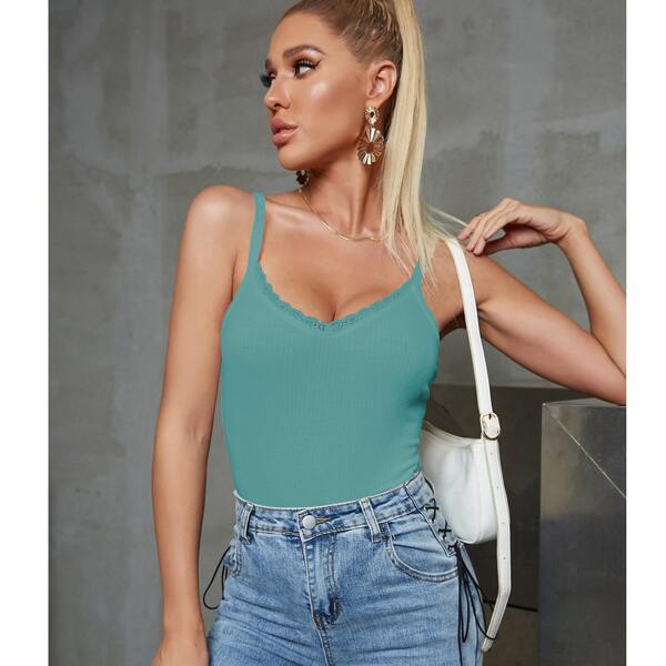 

Lace Insert Slim Fit Cami Top, Baby blue