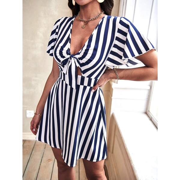 

Striped Plunging Neck Knot Dress, Blue and white
