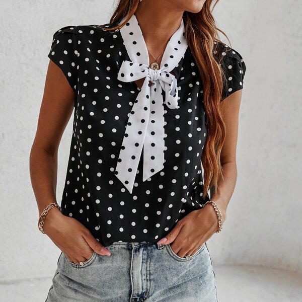 

Tie Neck Polka Dot Blouse, Black